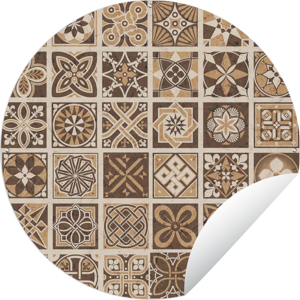 MuchoWow Gartenposter Outdoor-Poster Rund Design - Blumen - Braun - Natur - Vintage Ø 60 cm Gartendeko Rundes Poster draußen