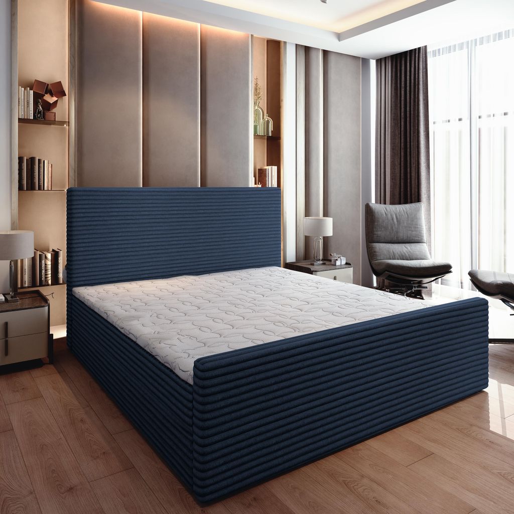Masseno Boxspringbett BRENTO 180x200 cm Komplett-Set mit Bonell Matratze und Topper, Polsterbett mit Bettkästen -Blau, TILIA 77