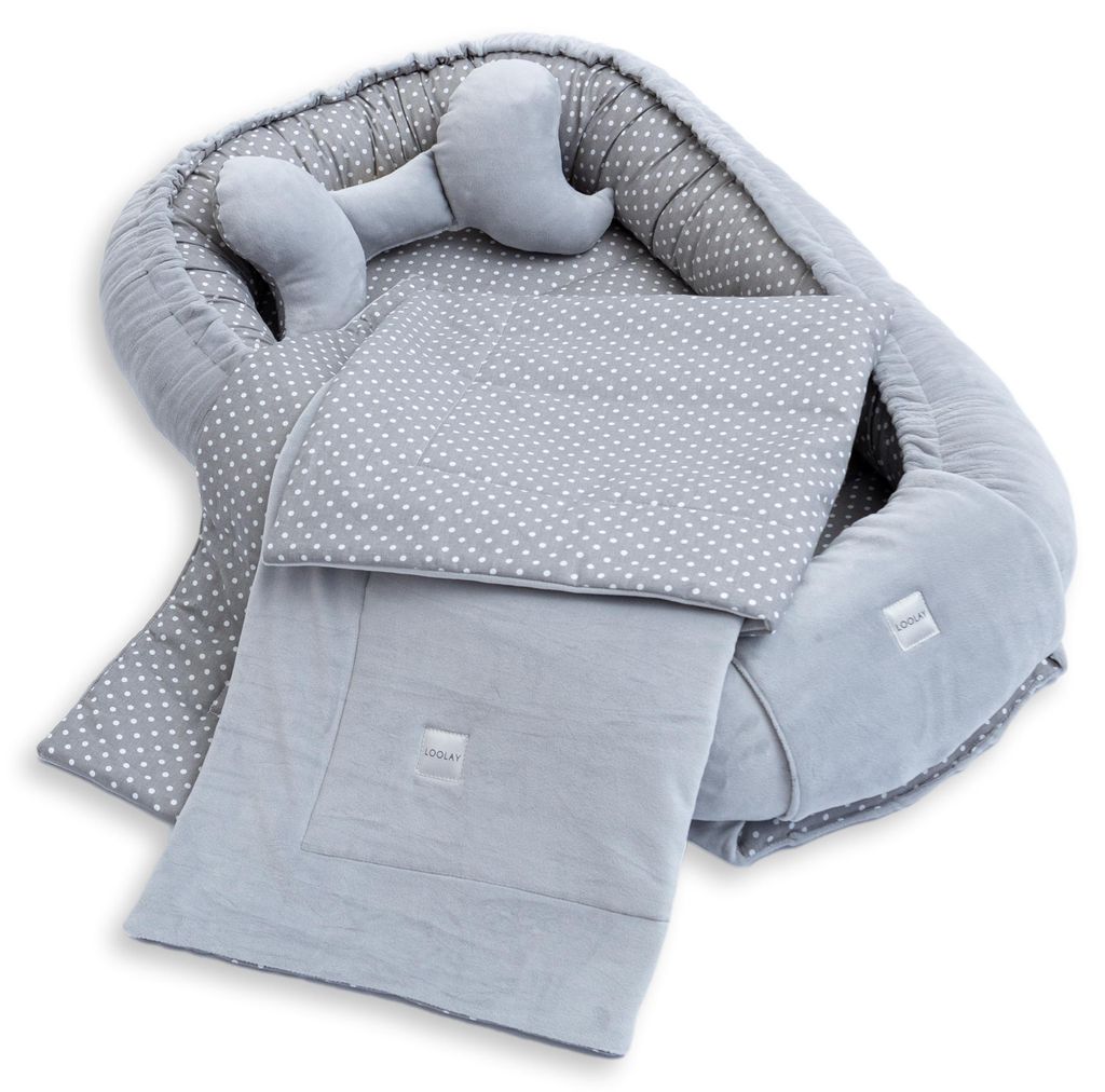 BABYNEST + DECKE + Kissen GRAU Samt Velour/ PUNKTE Grau Baumwolle Nestchen