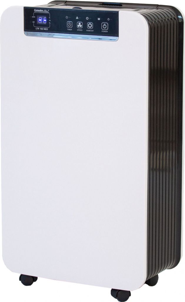 A white dehumidifier with black ribbed sides and a black control panel on top, shown from a slight angle on a white background.
