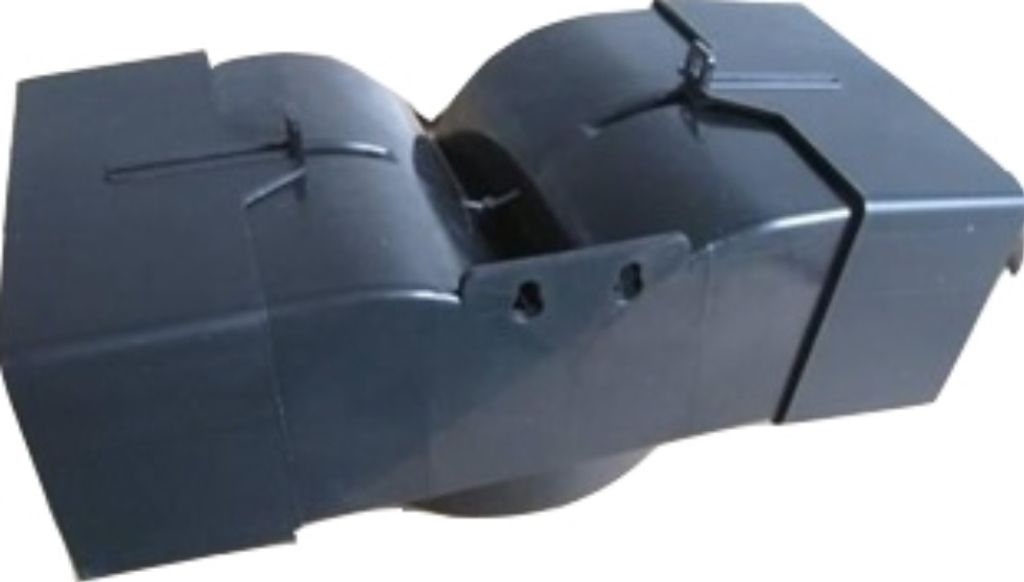 A dark gray, curved ventilation duct accessory.