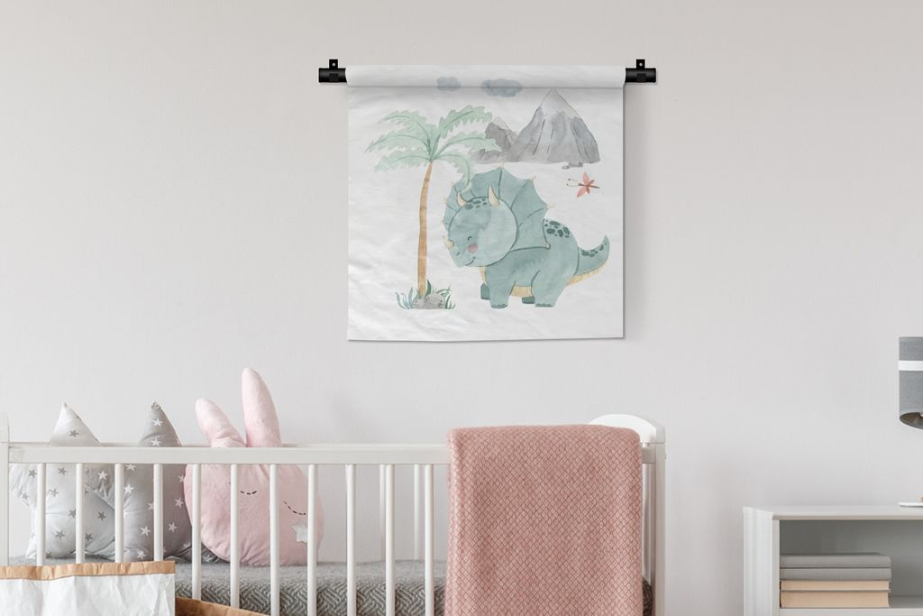 MuchoWow Wandteppich Wandbehang Kinderzimmer - Baum - Dinosaurier - Junge - Mädchen - Kinder 60x60 cm Tapisserie Dekoration Wandtuch - Dekoratio...