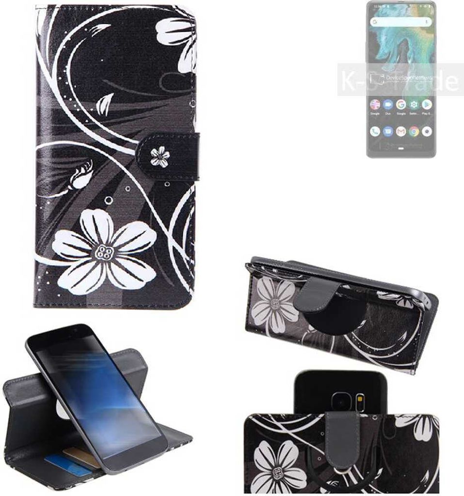 K-S-Trade Schutzhülle Handyhülle kompatibel mit Cubot Max 3 Hülle 360° Wallet Case ''Flowers'' Klapphülle Hülle schwarz-weiß 1x