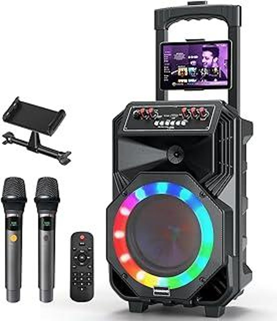 Karaoke-Maschine mit 2 drahtlosen Mikrofonen, rollenden Rädern und Trolley - 8800mAh tragbarer Bluetooth-Lautsprecher, PA-System mit Lichtern, ein...