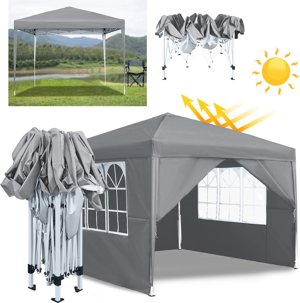 A collage of images showing a gray pop-up canopy tent in various states: set up in a natural setting, folded, and a close-up of the assembled tent with windows.
