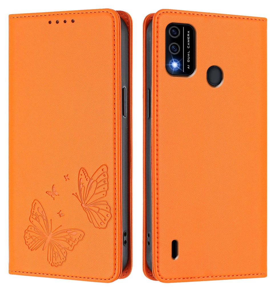 Lederhülle für itel A48, Schmetterling Prägung Leder Brieftasche Schutzhülle mit Ständer Orange