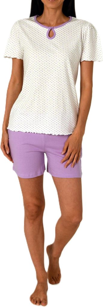 Normann Damen kurzarm Schlafanzug Shorty in Tupfen Punkte Optik – auch in Übergröße ; flieder , 48
