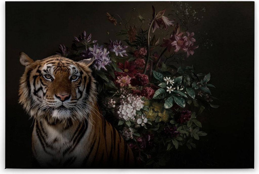 Leinwandbild Tiere 60 x 90 cm - Wandbild Tiger Schwarz Orange Floral - Keilrahmen Wohnzimmerdeko Wanddeko Wandgemälde
