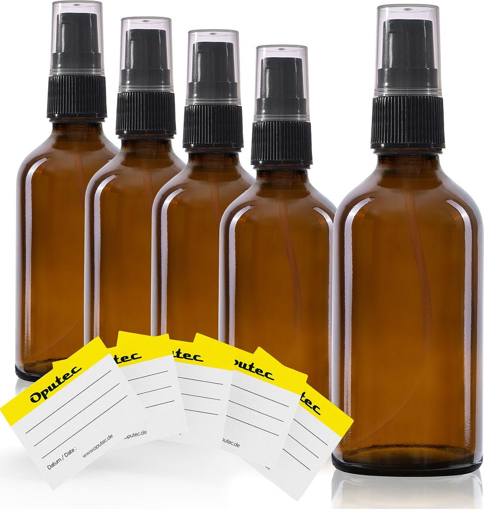 Oputec 5 x 50 ml Reise-Pumpspender Pumpflaschen aus Braunglas + 5 Etiketten - Kleine Flaschen Cremespender Lotionspender zum Befüllen