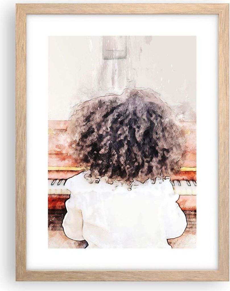 Gerahmtes Poster - Rahmen in heller Eiche - Kind Klavier Aquarell - 30x40 cm - Wand Bild - Wanddeko - Wandbilder - Kunstposter - Wandposter - Bilde...