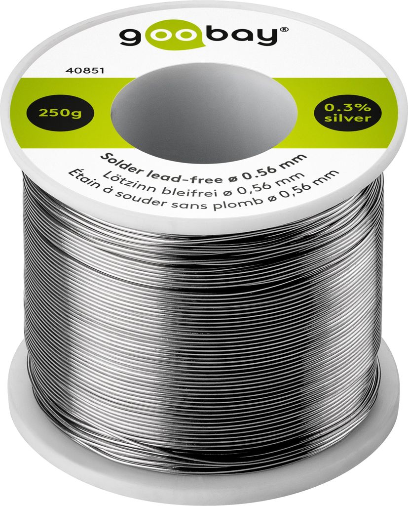 Goobay Lötzinn bleifrei, ø 0,56 mm, 250 g - Zusammensetzung: 0,3 % Silber, 0,7 % Kupfer, 96,5 % Zinn, Flußmittelanteil: 2,5 %, Schmelzpunkt 217° C