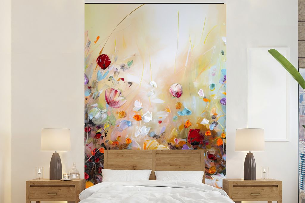 MuchoWow Fototapete für Wohnzimmer oder Schlafzimmer Wandtapete Vinyl Motivtapete Ölfarbe - Blumen - Farbenfroh - Natur - 160x240 cm - Vinyltapete