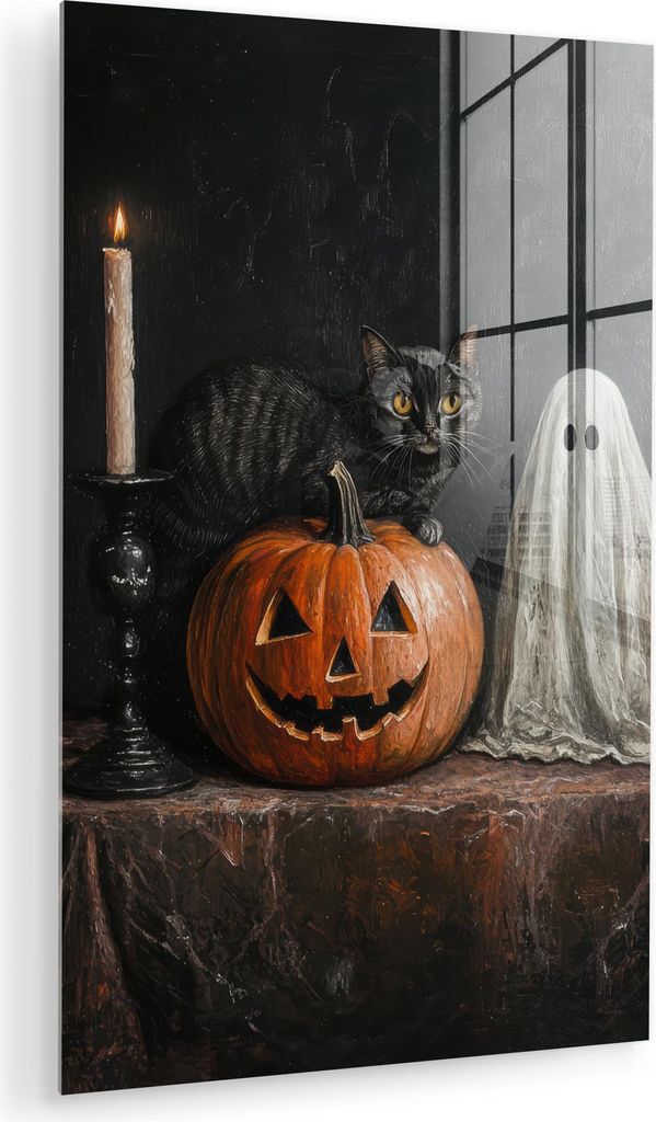 MuchoWow Glasbilder - Bilder auf Wandbild - Foto auf Glas Halloween - Kürbis - Geist - Schwarze Katze - Stilleben 60x90 cm Wanddekoration aus Glas...