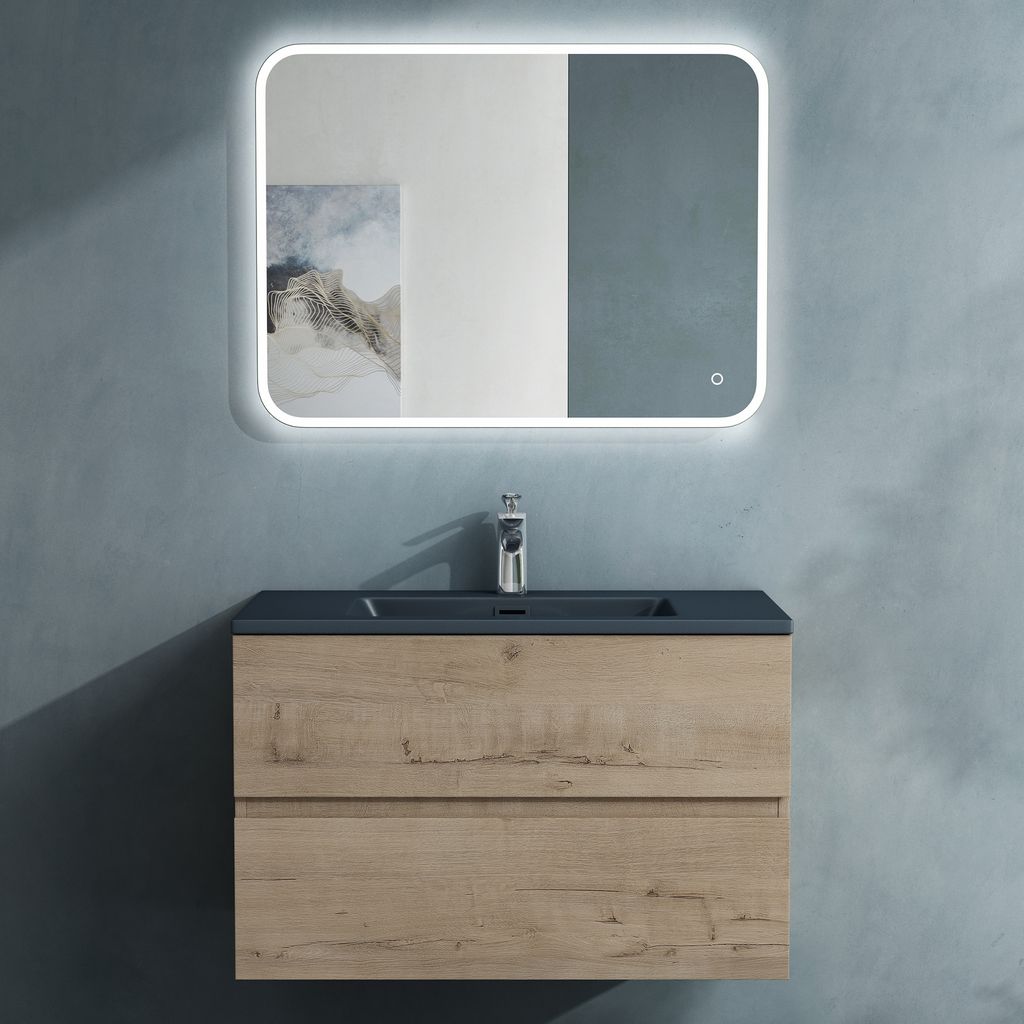 doporro Badmöbel-Set Waschbecken-Unterschrank Badezimmer Waschtisch mit Unterschrank BTH: 80x48x50 cm in Eiche Greige inkl. matt Anthrazit Mineral...