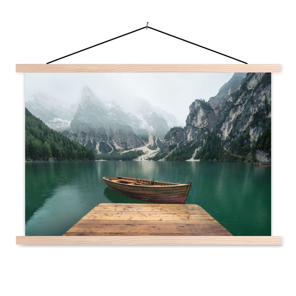 MuchoWow Textilposter Nebel - Schnee - Berg - Boot 60x40 cm mit holzfarbenen Rahmen - Bilder