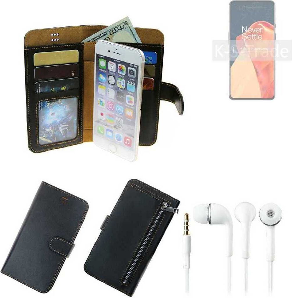 TOP SET Handy Hülle Schutz Hülle kompatibel mit OnePlus 9R 5G schwarz aus Kunstleder + Kopfhörer Smartphone Tasche vollwertige Geldbörse