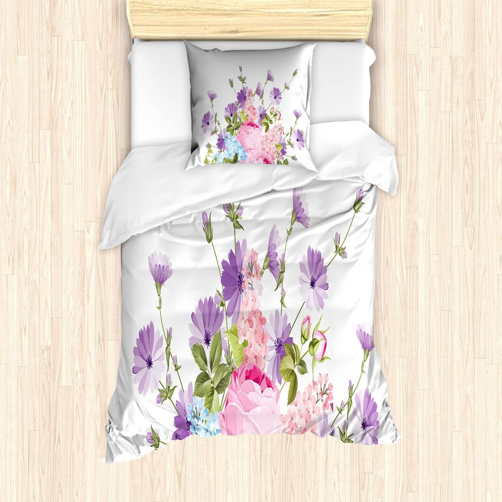 ABAKUHAUS Vintage Rose Bettbezug Set, Simplistic Floral Bouquet Muster auf einfachen Hintergrund, 135 x 200 cm + 80 x 80 cm, Violet Baby Pink