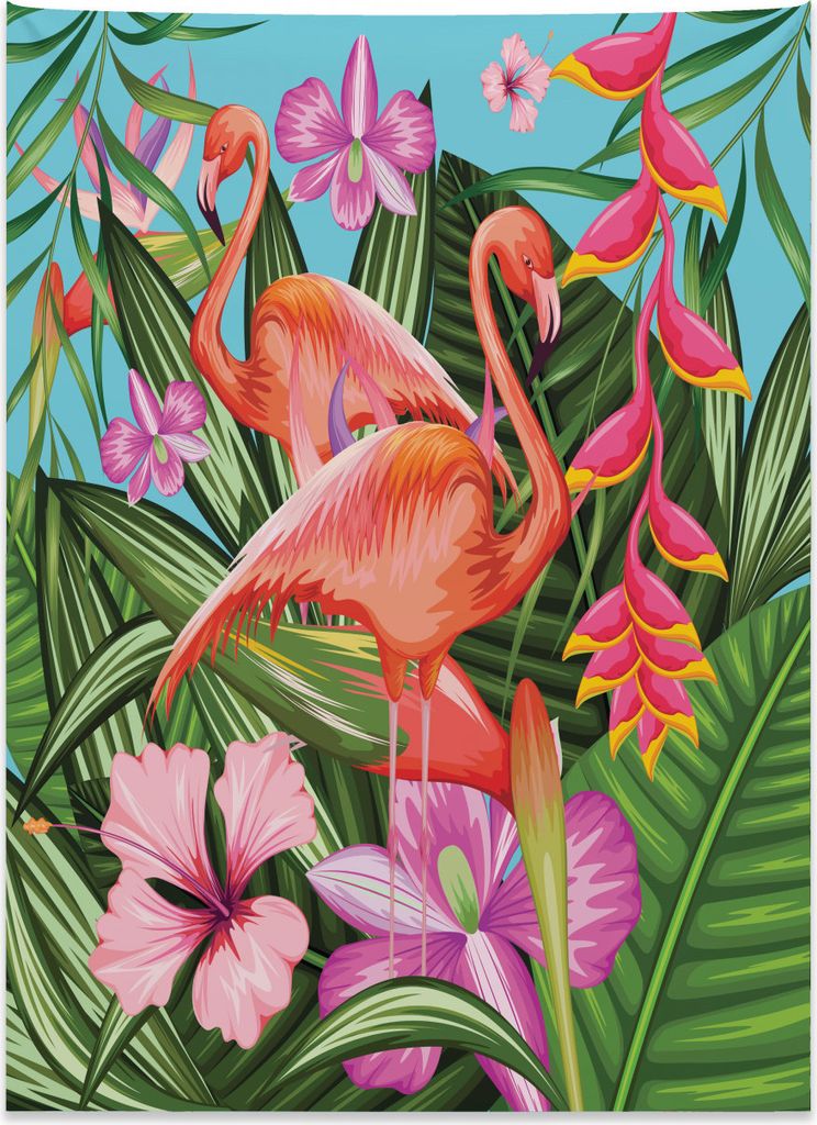 Abakuhaus Flamingo Wandteppich, Hibiscus tropische Blume aus Weiches Mikrofaser Stoff Kein Verblassen Klare Farben Waschbar, 110 x 150 cm, Grün Ro...