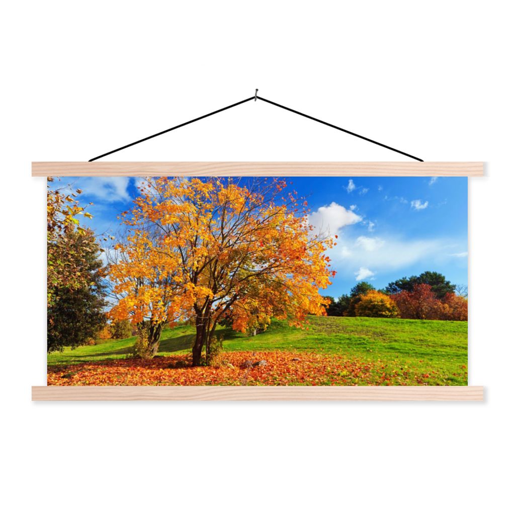 MuchoWow Textilposter Baum - Blätter - Herbst - Jahreszeiten 120x60 cm mit holzfarbenen Rahmen - Klemmleiste