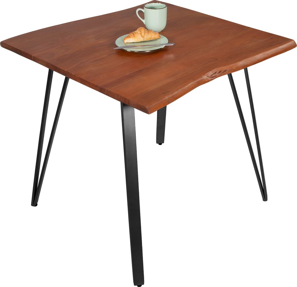 Esstisch Baumkante 80 x 80 cm Akazie massiv nussbaumfarben Metallgestell Schwarz CELIA