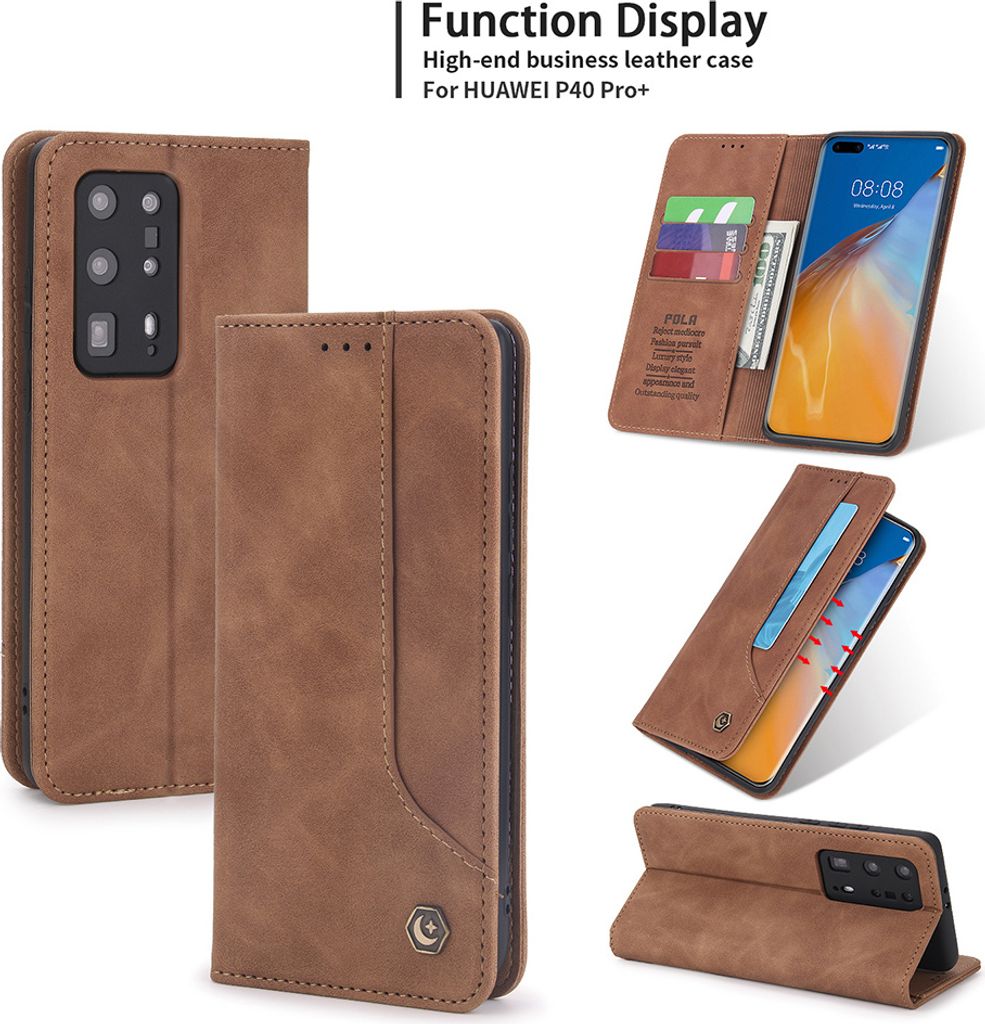 Huawei P40 Pro+ Hülle, LaimTop Retro Kunstledertasche Schutzhülle mit Kartenfach Standfunktion für Huawei P40 Pro Plus Braun