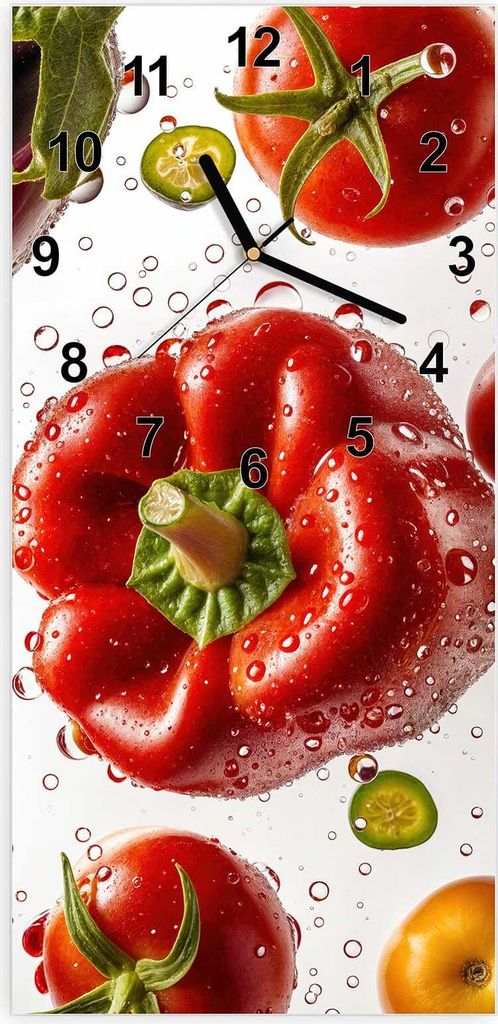 Wanduhr aus Glas mit Motiv Frisches Gemüsebunt- 30 x 60 cm - inkl. Aufhängesystem