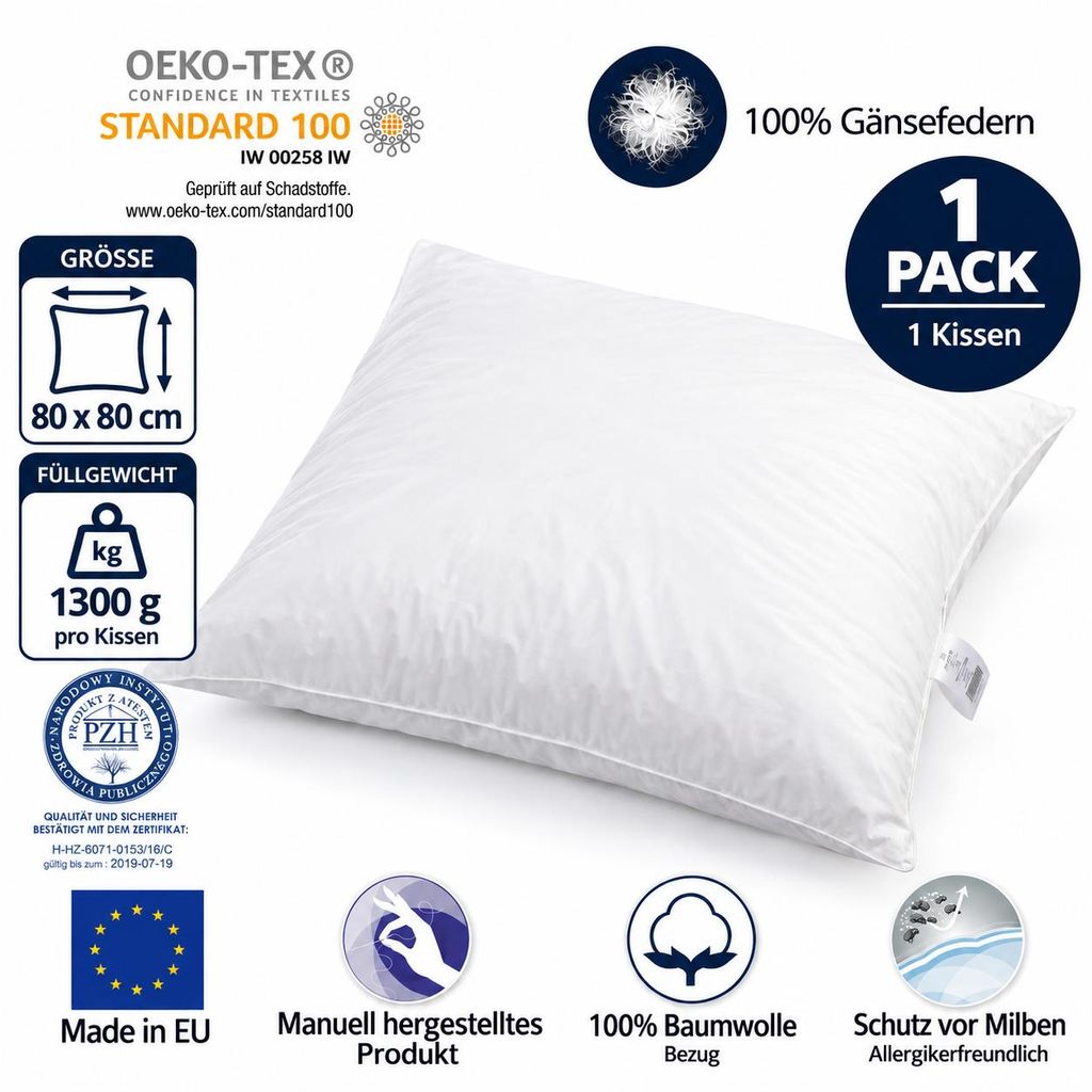 Federkissen 80x80 cm 1300 Gramm – Kopfkissen mit 100% Produktbild 