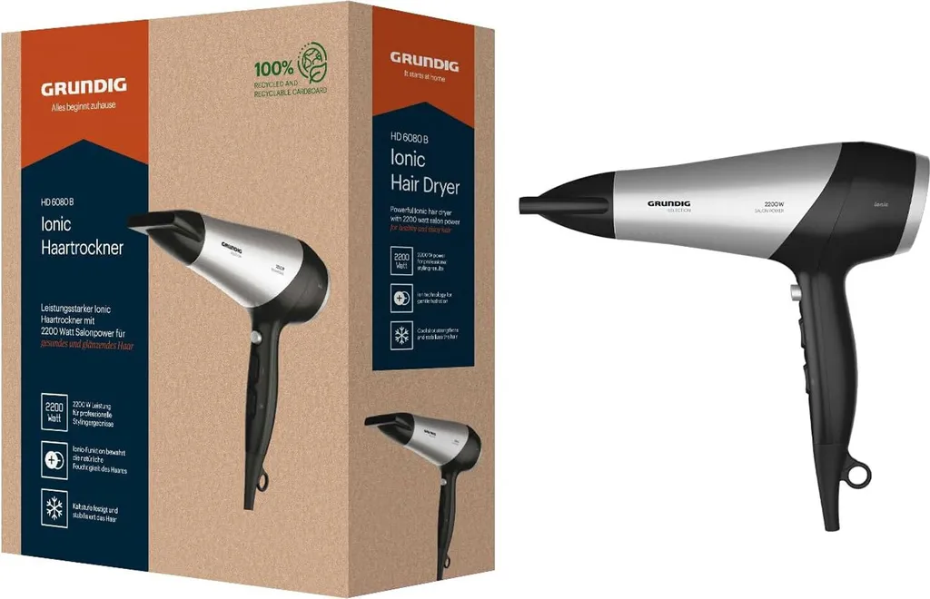 Sèche-cheveux Grundig HD 6080 B Noir et Argent 2200W avec Câble 1,8m