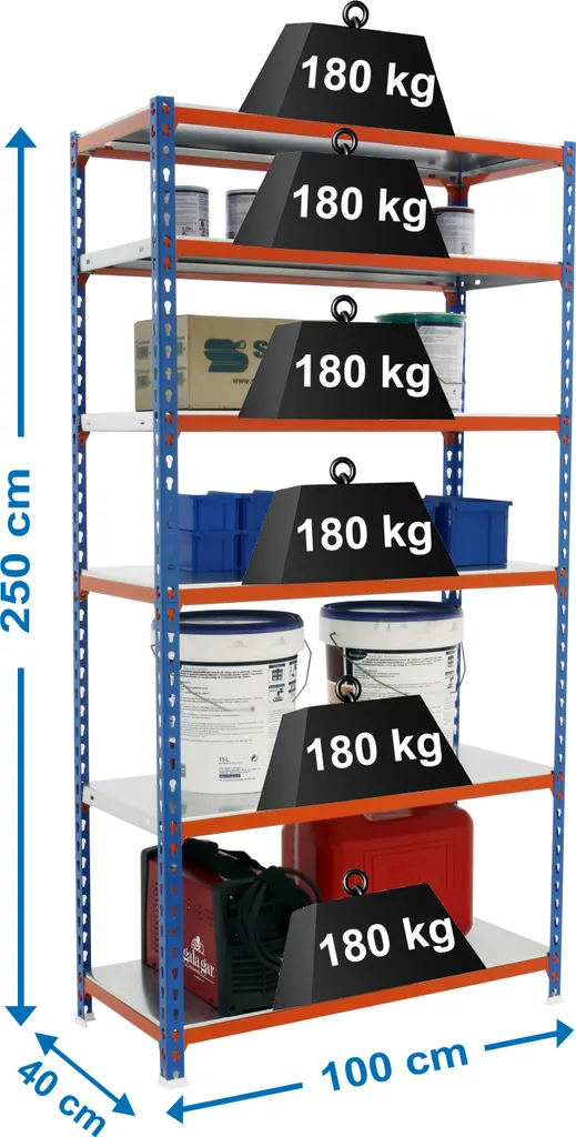 Rayonnage Métallique Industriel 5 Plateaux 180kg par Niveau 250x100cm