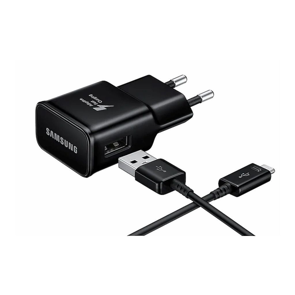 A black Samsung fast charging USB adapter with a black micro-USB cable.