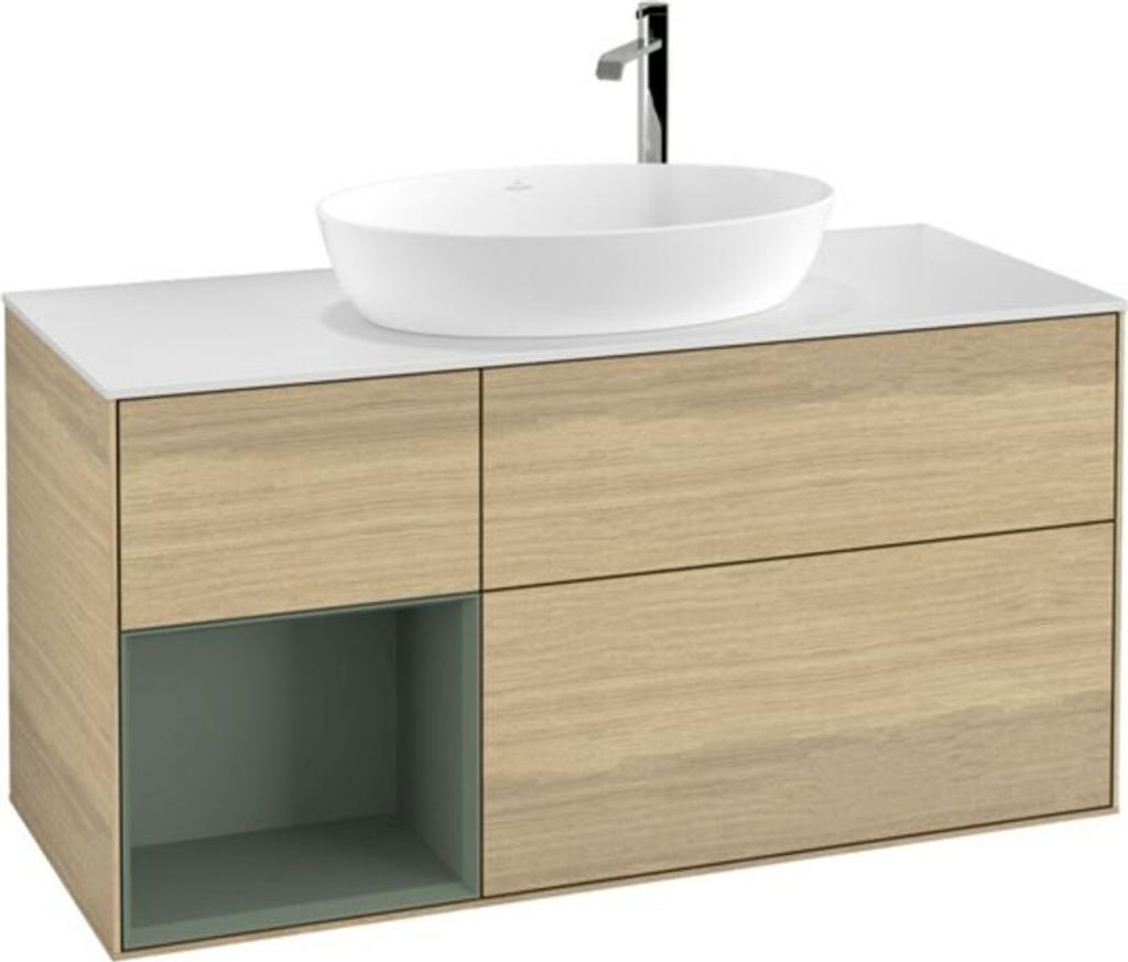 V&B Waschtischunterschrank Wandbeleuchtung Finion 120cm, Pl wh. m, Reg Oli. m Lac, Oa ven