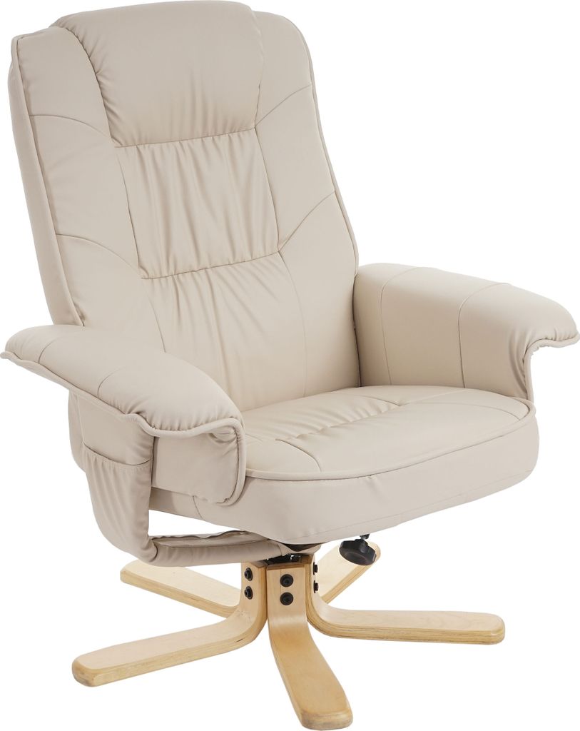 A cream-colored recliner chair with a wooden base.