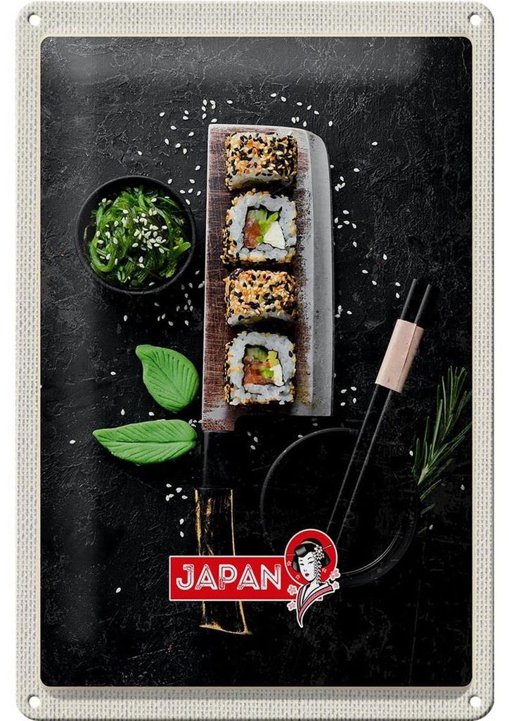 Blechschild Reise 20x30cm Japan Asien Sushi Fisch Essen Stäbchen