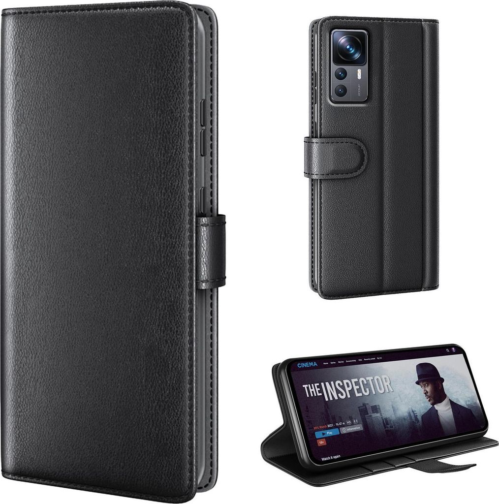 Echtleder Handyhülle für Xiaomi 12T / 12T Pro Lederhülle Cover Case Tasche Klapphülle Fliphülle Leder Hülle Farbe: Schwarz