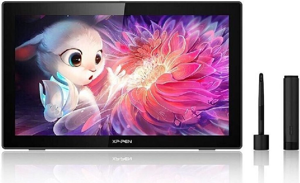 A digital drawing tablet and its accessories are displayed on a reflective white surface.