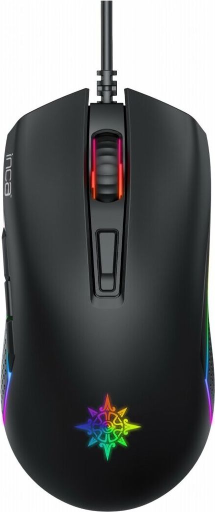 A black gaming mouse with RGB lighting is shown from a top-down perspective against a white background.