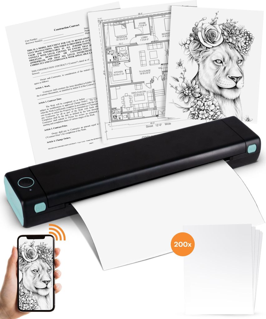 Pora&Co- Thermodrucker - Tragbarer Drucker A4 - Tragbarer Drucker A4 - inkl 200 Blatt + Tragetasche – Drucken mit Telefon oder Computer – Schwa...