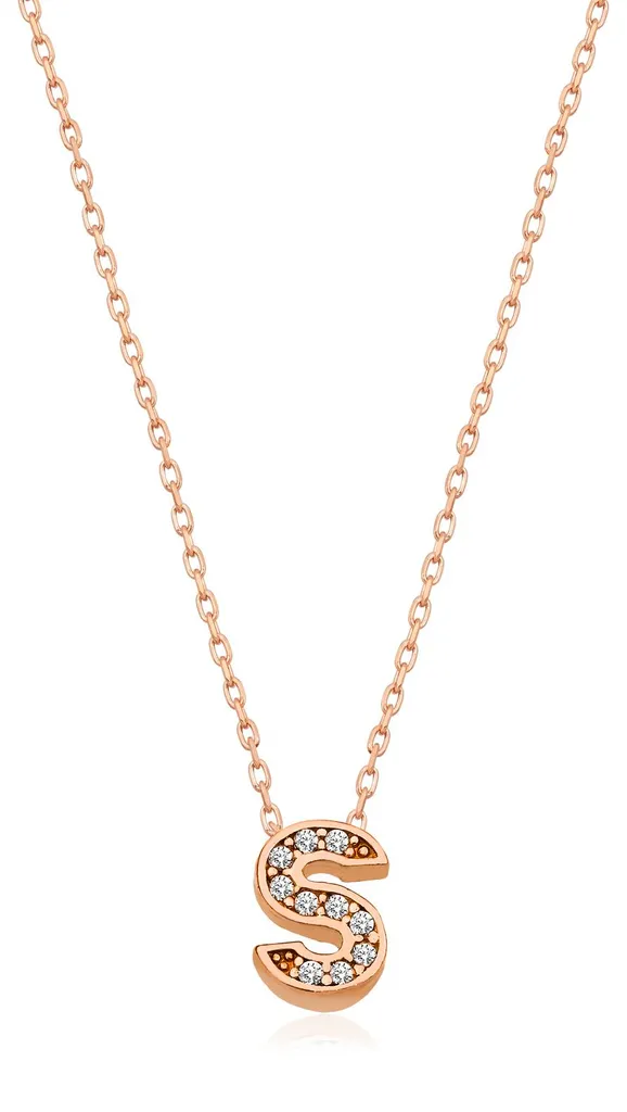 Collier Lettre L en Argent 925 avec Zirconium et Finition Or Rose