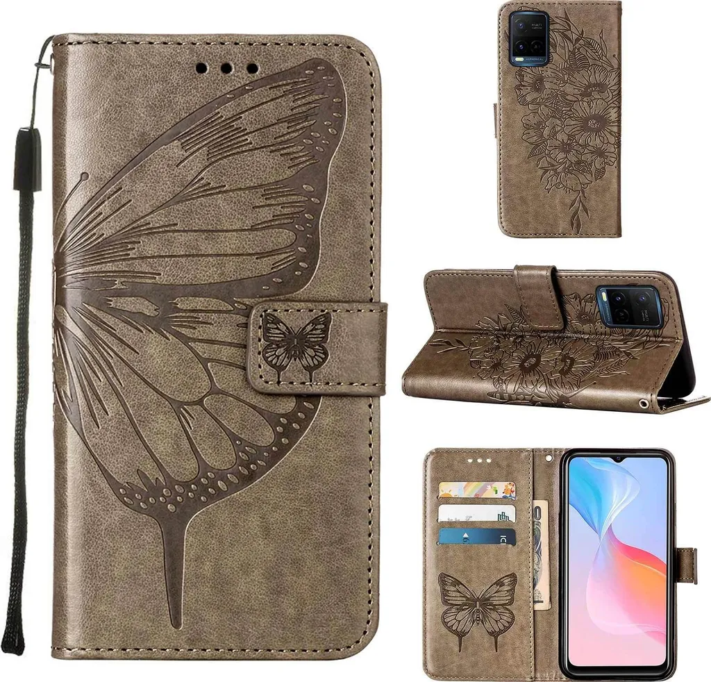 Custodia VIVO Y21 2021 Farfalla Grigio | Cover Libro Pelle Portafoglio