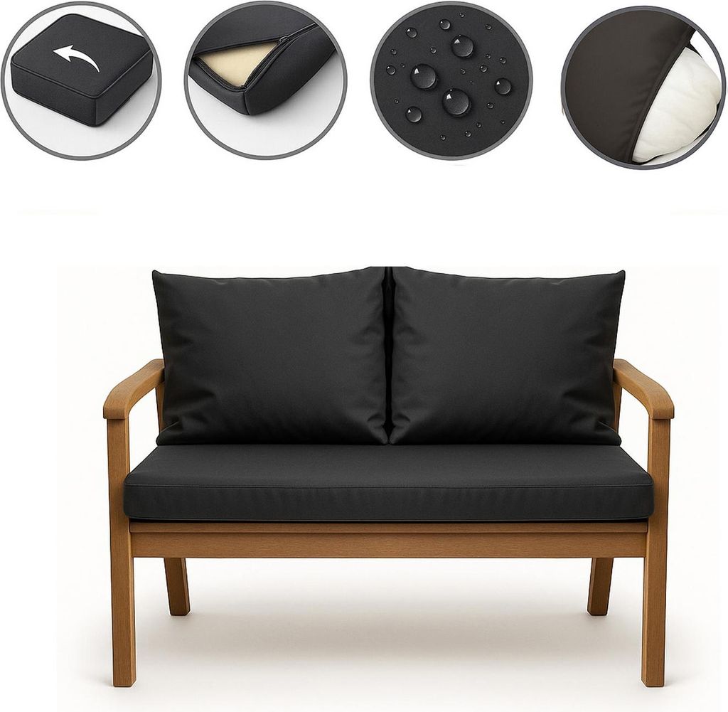 A wooden garden bench with black cushions, shown against a white background. Four circular insets at the top display details of the cushion.