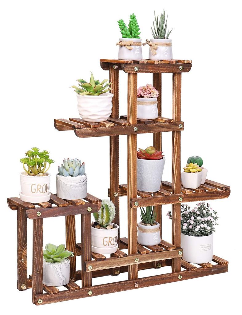 Mini-Blumenregal aus Holz, 4-stufiger Pflanzenständer, Blumenleiter für kleine Blumentöpfe und Sukkulenten, Holzregal für Garten, Balkon, Terra...