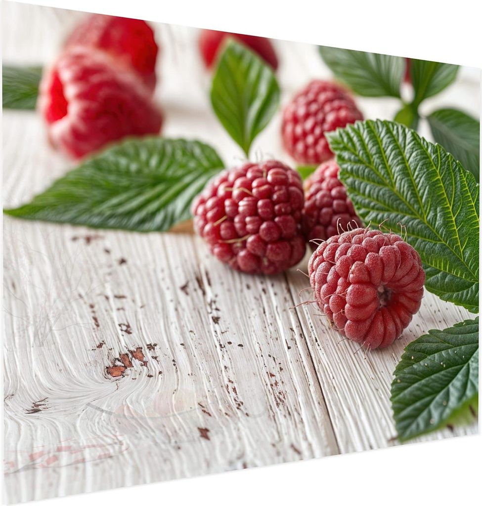 Glasbild 100x80cm in XXL für Wohnzimmer, Schlafzimmer Motiv Himbeeren Holztisch