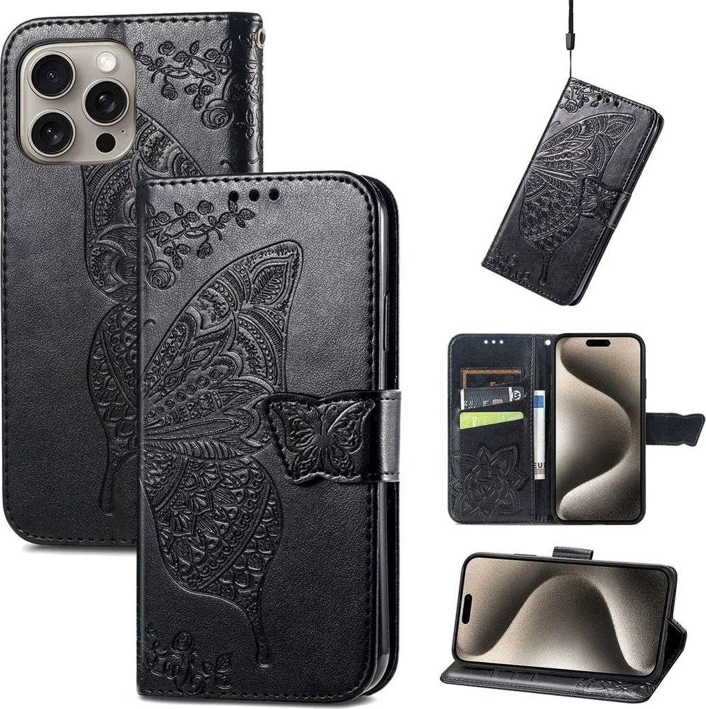 Regalo Donna iPhone 16 Pro - Cover Portafoglio Farfalla Nera