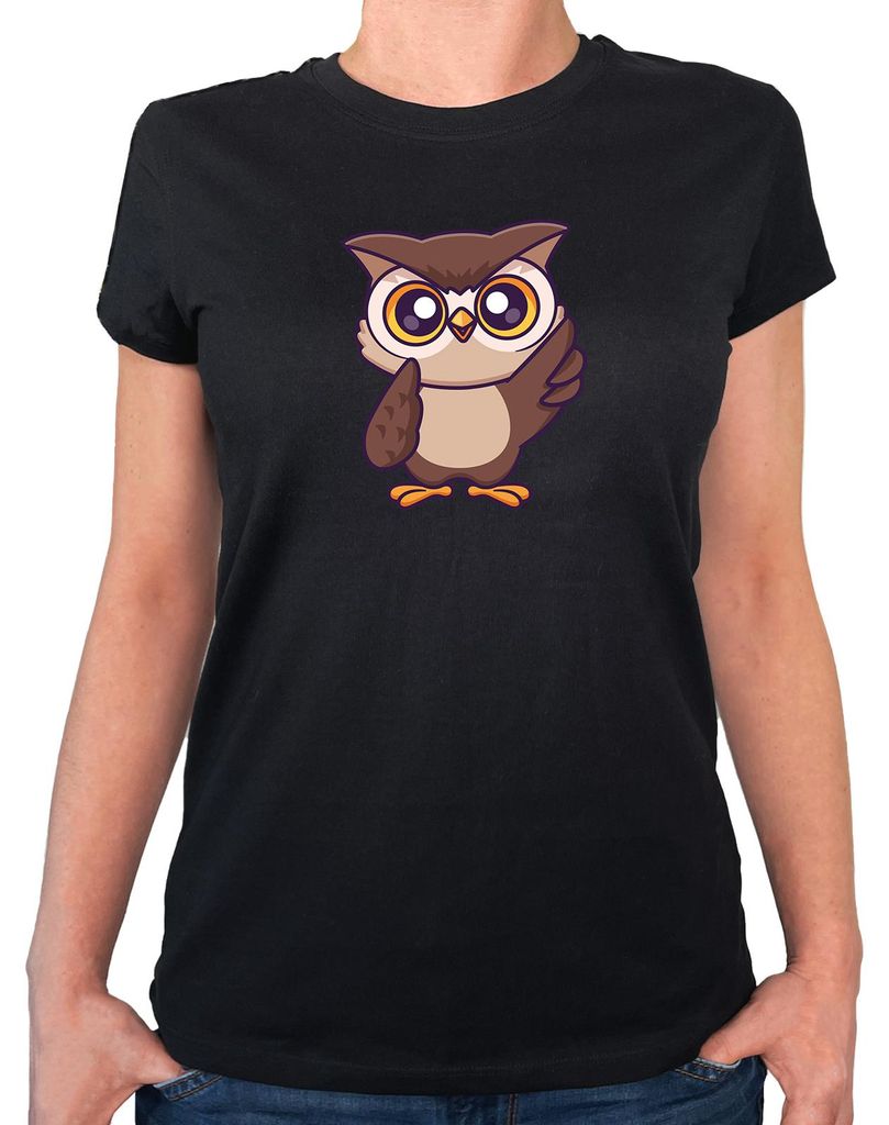 Huuraa Damen T-Shirt Eule Comic XS Black Bio Baumwolle Fairtrade Damenshirt Geschenkidee