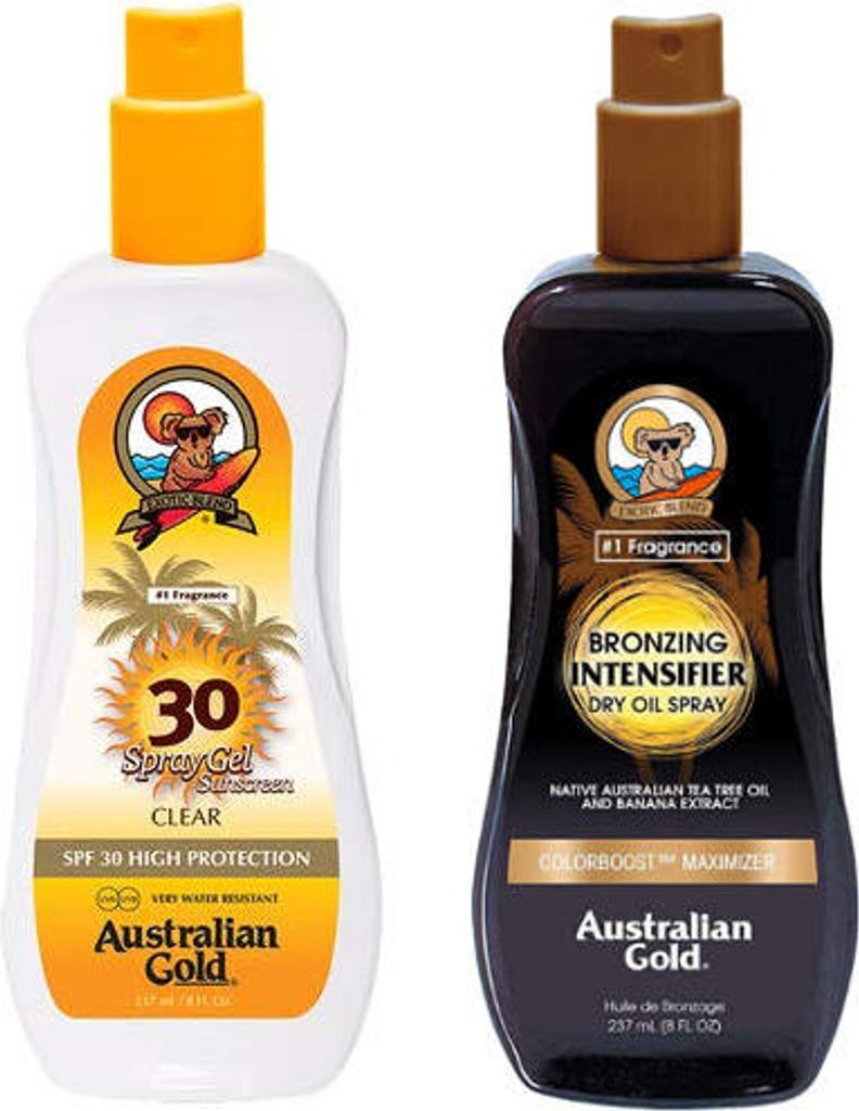 Australian Gold SPF 30 Spray Gel 237ml + Australian Gold Intensifier Bronzing Dry Oil Spray 237ml