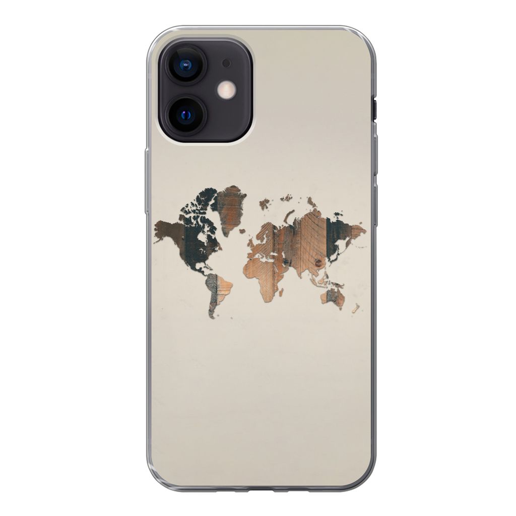 MuchoWow Handyhülle Schutzhülle Hülle für iPhone 12 Weltkarte -Holz - Regal Silikon Softcase Handy Hülle - Schutzhülle