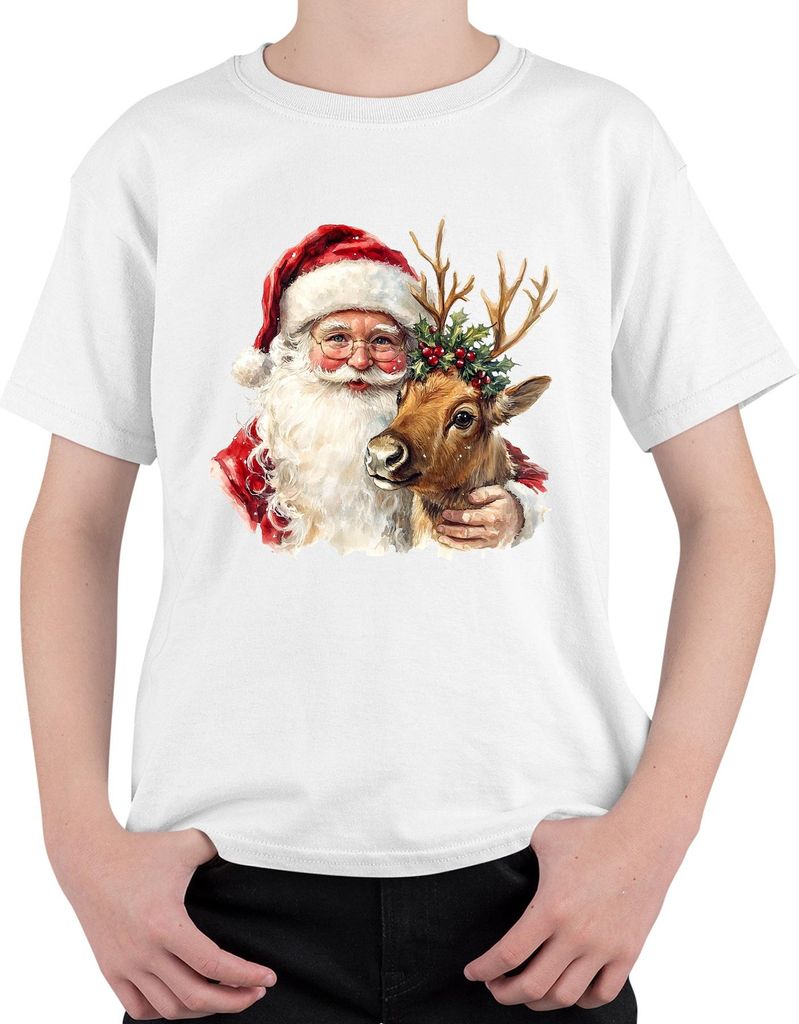 Weihnachtsmann Rentier Aquarell Weihnachten Geschenk Vintage Uni Kinder T-Shirt, Weiß, 128