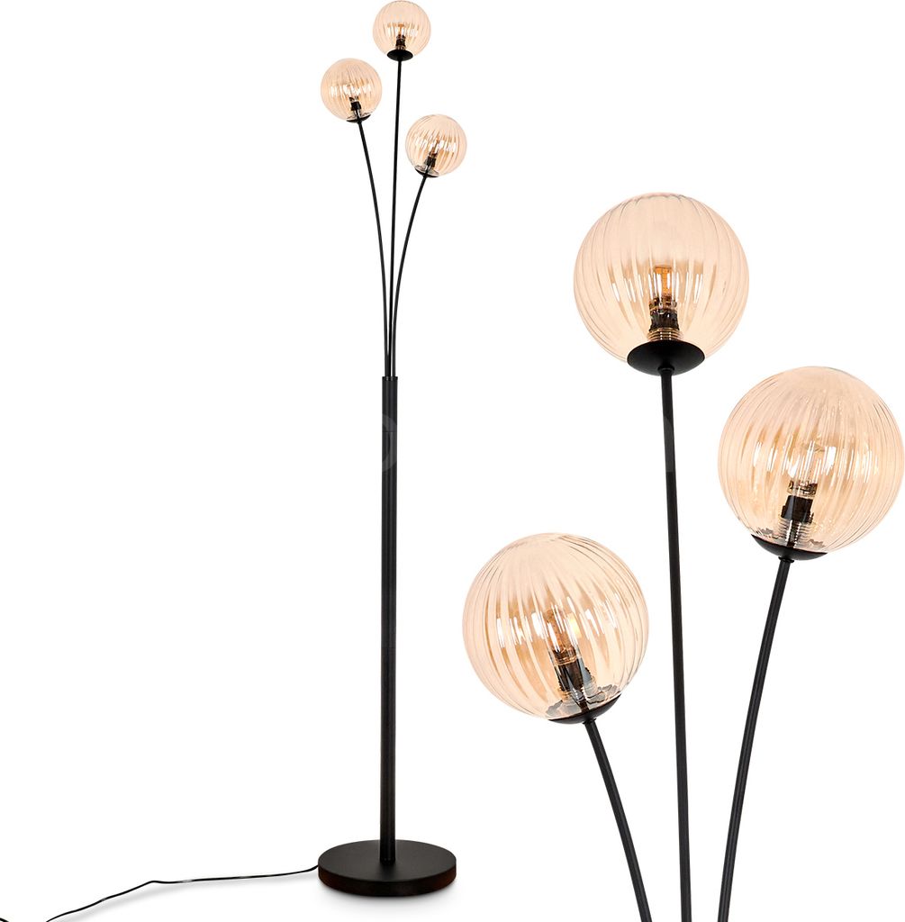 Lerici Stehlampe aus Metall/Riffelglas in Schwarz/Bernstein