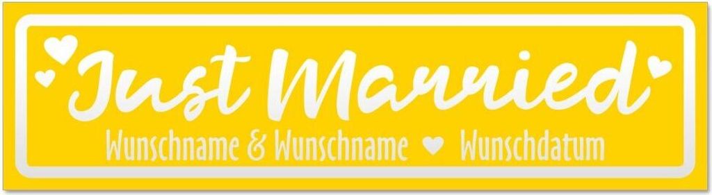 Kiwistar - Autoaufkleber - Gelb - 45 x 12 cm - Just Married Wunschname Datum invertiert - Hinweis Aufkleber Sticker für Auto, Kfz, Fahrrad, PKW, LKW