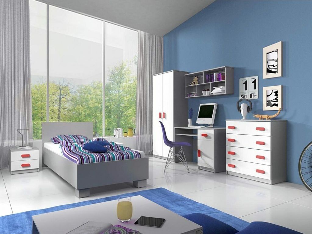 Kinderzimmer-Set Bett Schrank Wandregal Kommode Schreibtisch Nachttisch Grau/Weiß mit roten Griffen ohne Matratze Jonas II 01